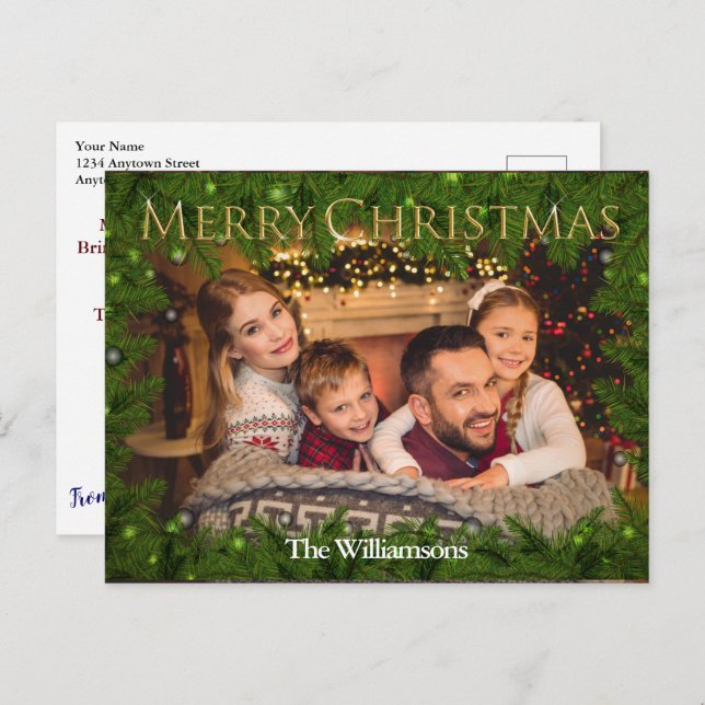 Carte Postale Joyeux Noël doré au milieu de la Pine Photo (Devant / Derrière)