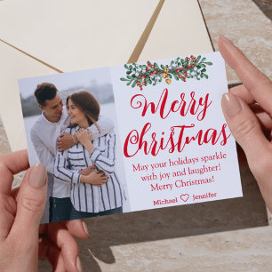 Carte Postale joyeux noël écriture rouge photo de jeunes mariés