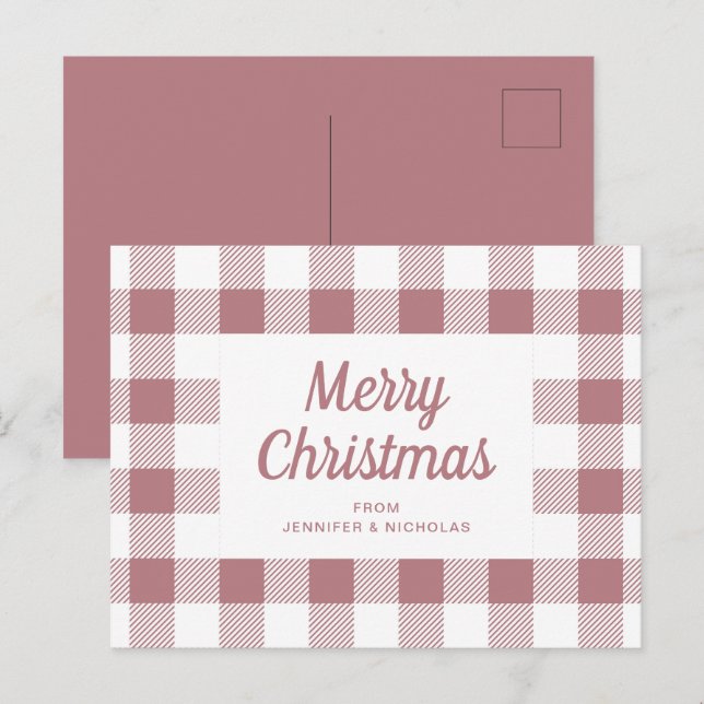 Carte Postale Joyeux Noël élégant à carreaux rose poussiéreux (Devant / Derrière)