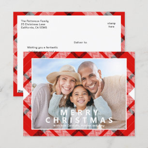 Carte Postale Joyeux Noël Elégant Rouge Plaid Photo Holiday