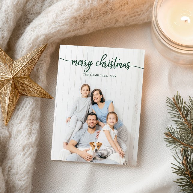 Carte Postale Joyeux Noël Élégant Vert Script Photo Unique (Créateur téléchargé)