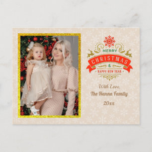 Carte Postale Joyeux Noël en or & Bonne Année & Flocon de neige