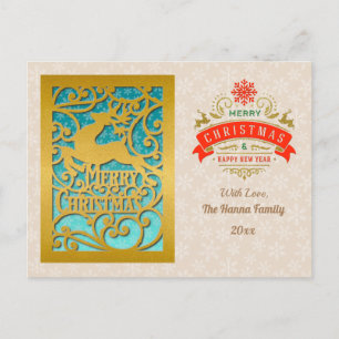 Carte Postale Joyeux Noël en or & Bonne Année & Flocon de neige