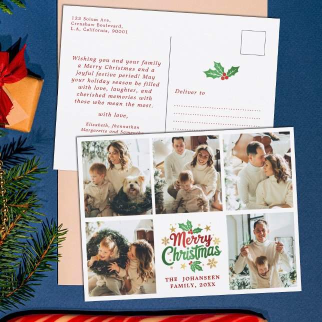 Carte Postale Joyeux Noël Famille Photo Collage Festive Berry (Créateur téléchargé)