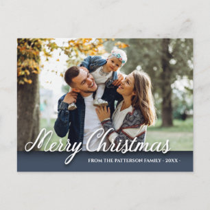 Carte Postale Joyeux Noël Famille Photo Elégant Moderne Bleu