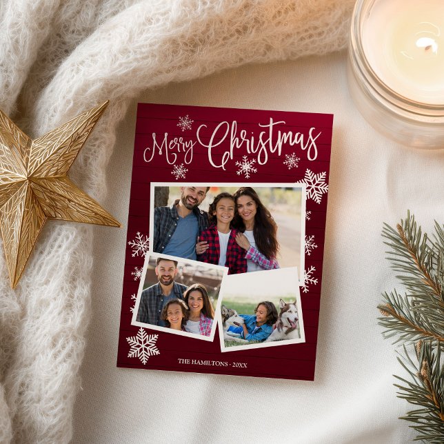 Carte Postale Joyeux Noël Flocon Rustique 3 Photos Collage (Créateur téléchargé)