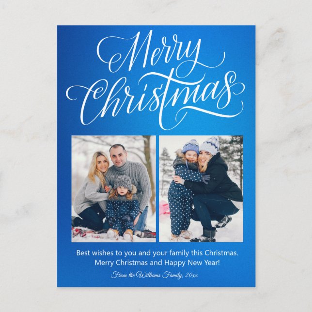 Carte Postale joyeux Noël fun script 2 photos bleu fête (Devant)
