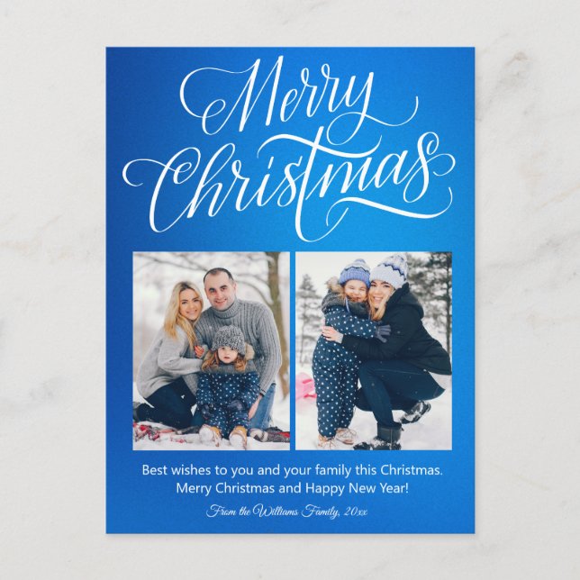Carte Postale joyeux noël fun script 2 photos bleu vacances (Devant)