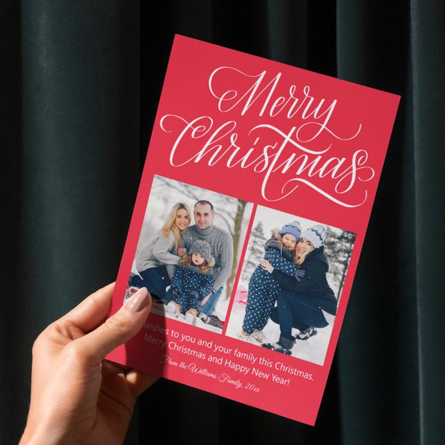 Carte Postale joyeux Noël fun script 2 photos rouge fête (Créateur téléchargé)