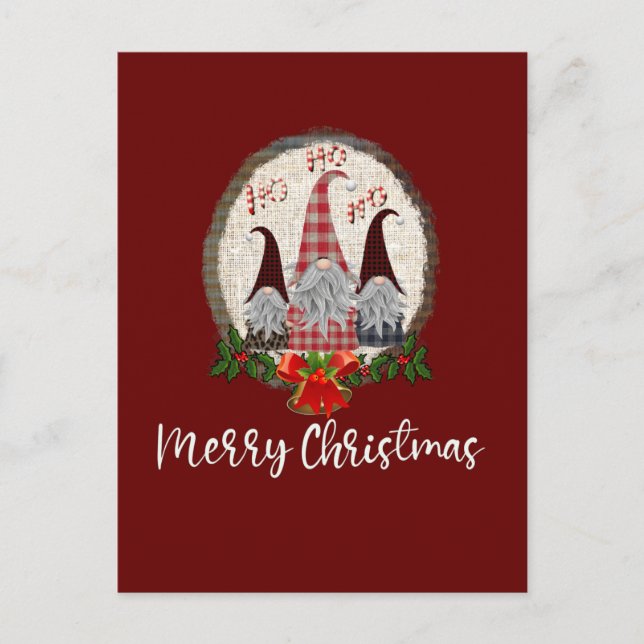 Carte Postale Joyeux Noël Gnomes Rouge, Rustique, Plaid, Branché (Devant)