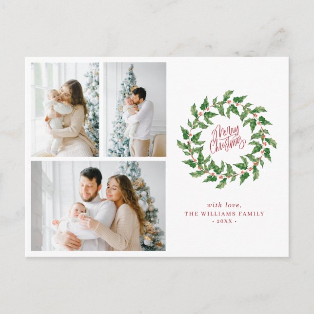 Carte Postale Joyeux Noël | Holly Berries | 3 Photos Vacances (Devant)