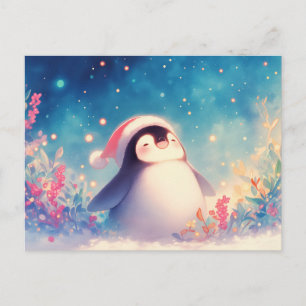 Carte Postale Joyeux Noël Manchot dans Jardin de Fleurs d'Hiver