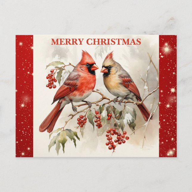 Carte Postale Joyeux Noël mignon Aquarelle Cardinal (Devant)