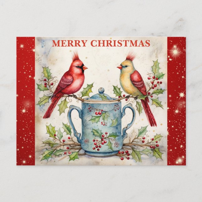 Carte Postale Joyeux Noël mignon Aquarelle Cardinal (Devant)
