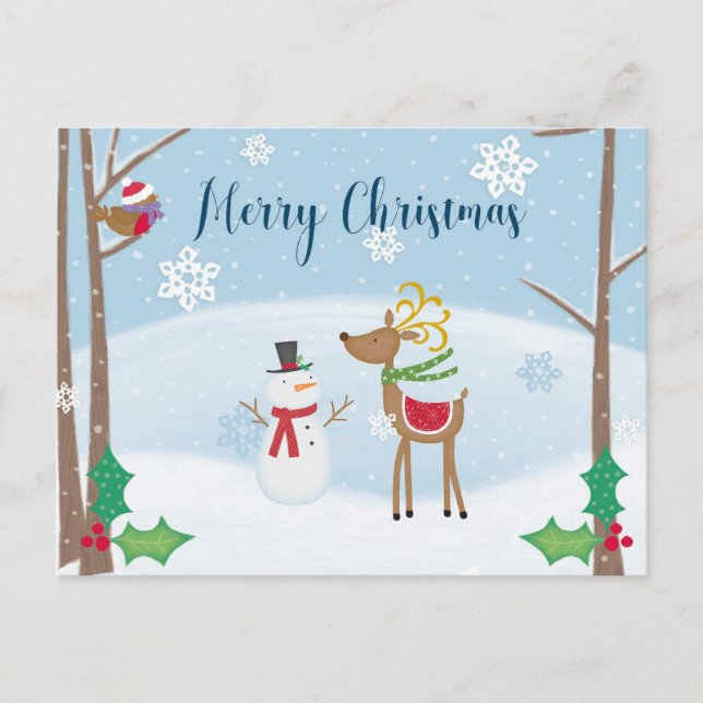 Carte Postale Joyeux Noël mignon dessin Snowman Reindeer (Devant)