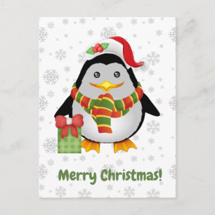 Carte Postale Joyeux Noël Mignon Manchot de Noël et Cadeau