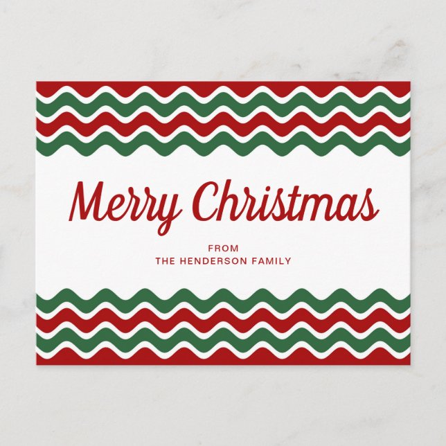 Carte Postale Joyeux Noël Mignon Rayures Vagues Rouges Vertes (Devant)