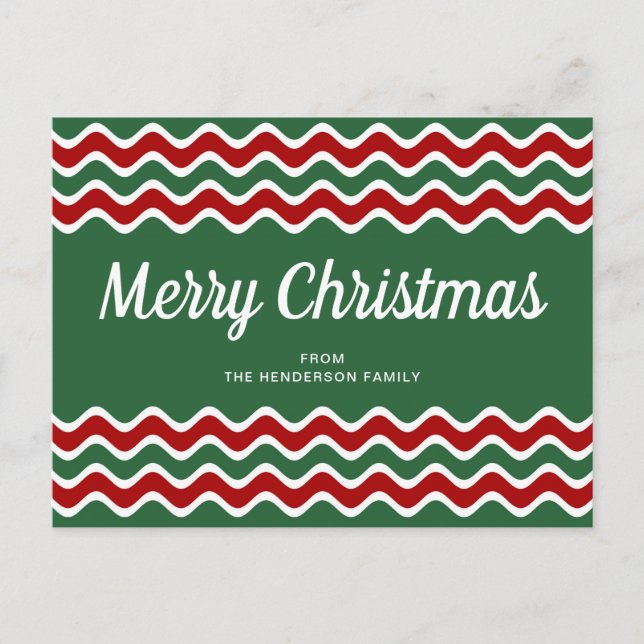 Carte Postale Joyeux Noël Mignon Vert Rayures Vagues Rouges (Devant)