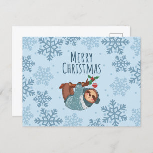 Carte Postale Joyeux Noël mignonne Sloth et Blue Snowflakes