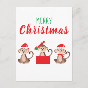 Carte Postale Joyeux Noël Mignons singes Casquettes de Noël