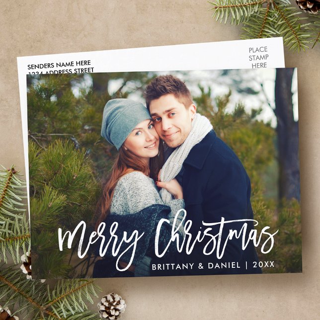 Carte Postale Joyeux Noël Moderne Brush Script Photo (Customize to change your personalized text size or text style.)