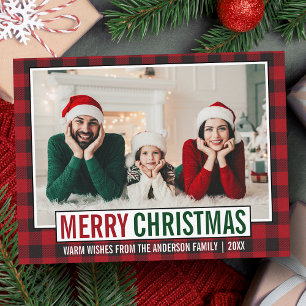 Carte Postale Joyeux Noël moderne Famille Photo Rouge Plaid
