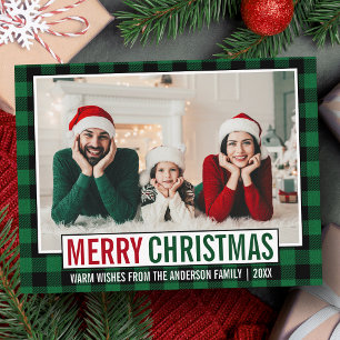 Carte Postale Joyeux Noël moderne Famille Photo Vert Plaid