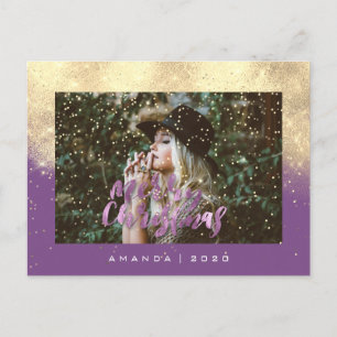 Carte Postale Joyeux Noël Neige Purple Gold Parties scintillant 