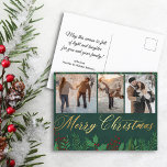 Carte Postale joyeux noël or vert 3 photo collage couple<br><div class="desc">arrière - plan par freepik.com élégant joyeux noël or vert verdure vacances trois photos collage carte couple. deux faces,  sur le dos des souhaits vacances</div>