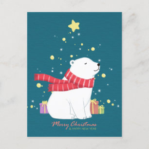 Carte Postale Joyeux Noël : Ours Polaire Illustration Art