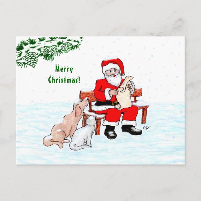 Carte Postale Joyeux Noël! Père Noël avec chat et chien (Devant)