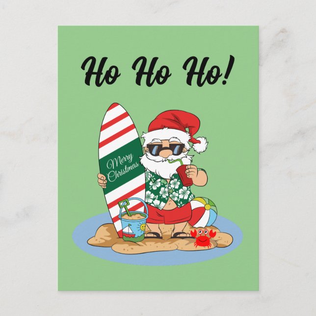 Carte Postale Joyeux Noël Père Noël sur la plage de Surf d'été (Devant)