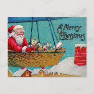 Carte Postale Joyeux Noël Père Noël vintage en montgolfière