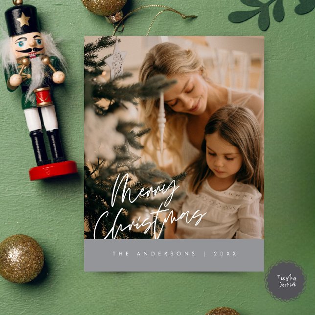 Carte Postale Joyeux Noël Photo de famille, bleu marine (Modern Season Greeting, Merry Christmas Family Photo Postcard in dark grey)