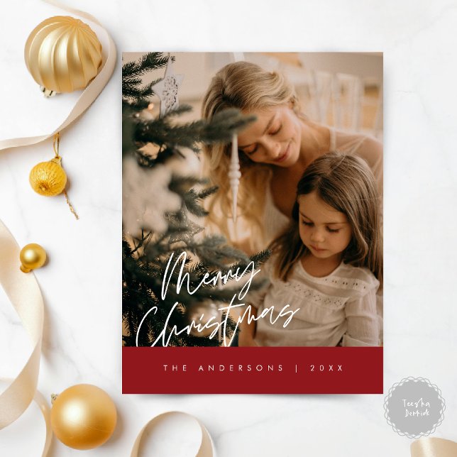 Carte Postale Joyeux Noël Photo de famille, bleu marine (Modern Season Greeting, Merry Christmas Family Photo Postcard in red)