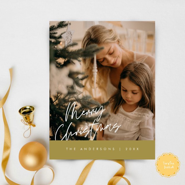 Carte Postale Joyeux Noël Photo de famille, bleu marine (Modern Season Greeting, Merry Christmas Family Photo Postcard in classy gold)