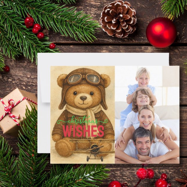 Carte Postale Joyeux Noël Photo de vacances amusant Ourson Pilot (Créateur téléchargé)