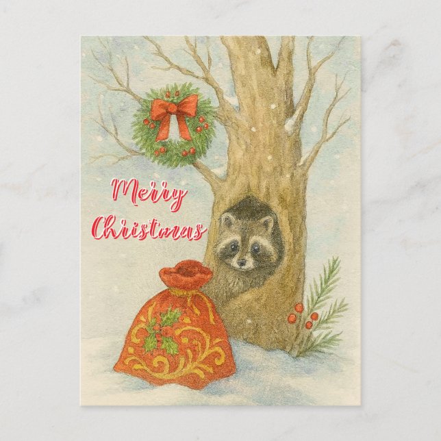 Carte Postale Joyeux Noël Raton laveur mignon Faune (Devant)