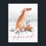 Carte Postale Joyeux Noel Renard Rouge Forêt d'Hiver Français<br><div class="desc">Aquarelle peinte renard rouge dans un paysage de vacances en bois d'hiver. Customisez l'adresse de retour et un message imprimé au verso.</div>
