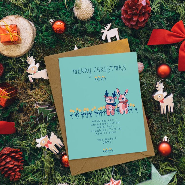 Carte Postale Joyeux Noël – Renne et lapin sur fond sarcelle (Créateur téléchargé)