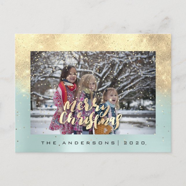 Carte Postale Joyeux Noël Rose de neige Gold Aqua Parties scinti (Devant)
