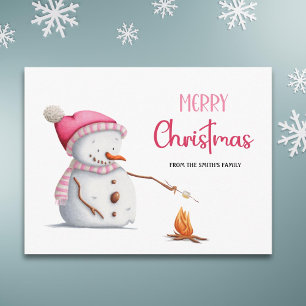 Carte Postale Joyeux Noël rose mignon Snowman Marshmallows
