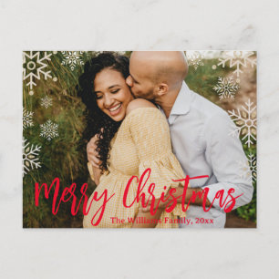 Carte Postale joyeux Noël rouge écriture manuscrite snowflakes p