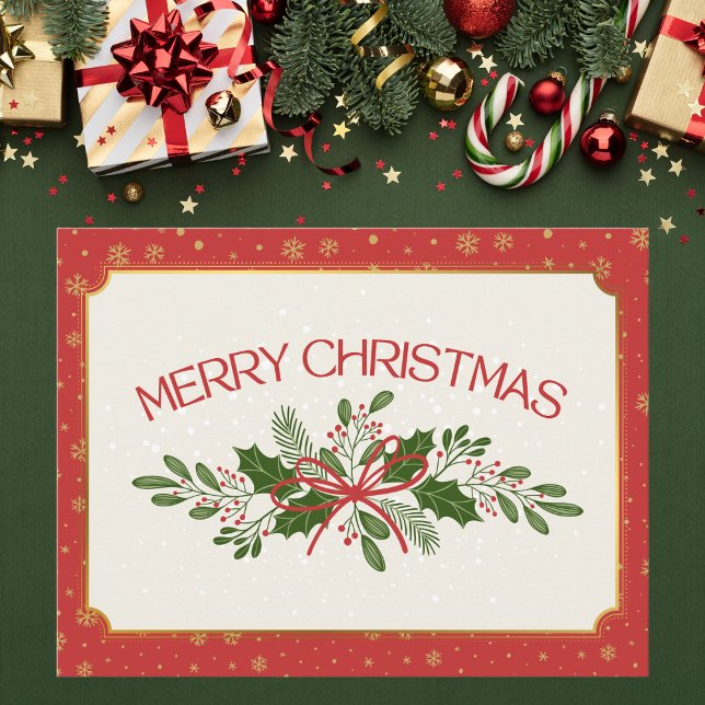 Carte Postale Joyeux Noël Rouge et Vert Classique avec Holly (Créateur téléchargé)
