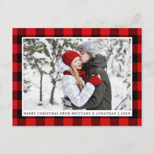 Carte Postale Joyeux Noël Rouge Plaid Couple Photo