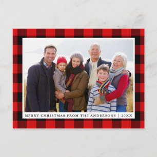 Carte Postale Joyeux Noël Rouge Plaid Photo de famille