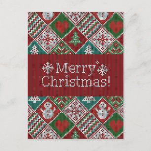 Carte Postale Joyeux Noël Rouge Vert Blanc Faux Knit Motif
