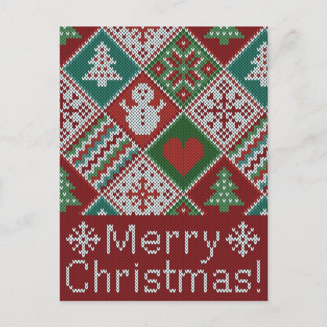 Carte Postale Joyeux Noël Rouge Vert Blanc Faux Knit Motif (Devant)