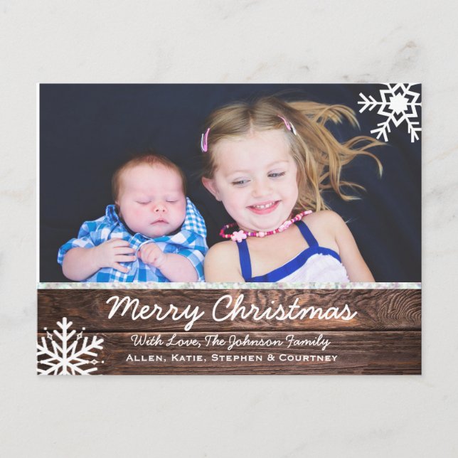 Carte Postale Joyeux Noël Rustique Bois et Snowflakes Custom (Devant)