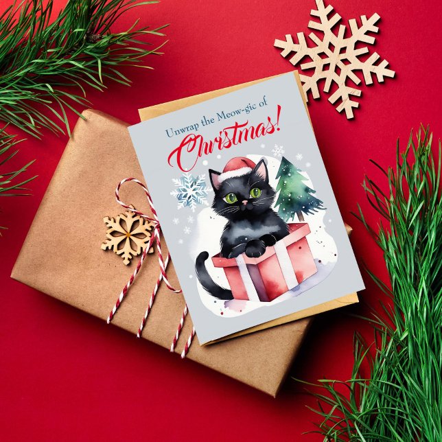 Carte Postale Joyeux Noël salutations de Noël pour les chats Po (Cat Christmas greeting postcard for cat people watercolor cute black cat in red hat inside gift box)